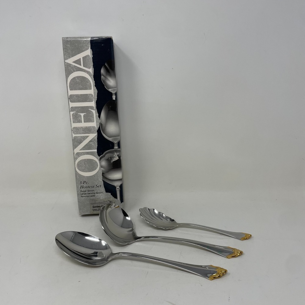 Oneida Golden Kenwood 3 Pc Hostess Set Stainless 24K Gold Accent‎ Serving Spoons